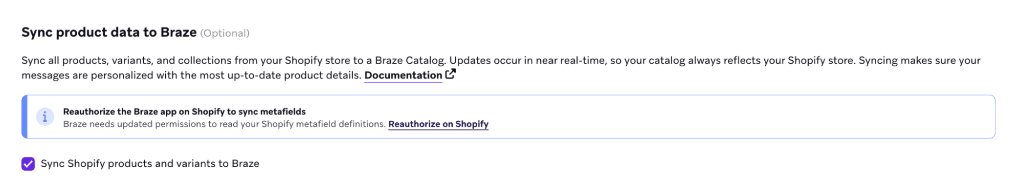 Braze Shopifyアプリの再認証を促すバナー。