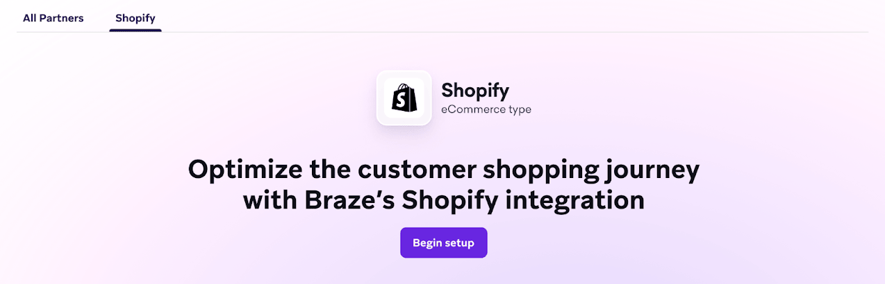 Braze ダッシュボードの Shopify 統合設定ページ。