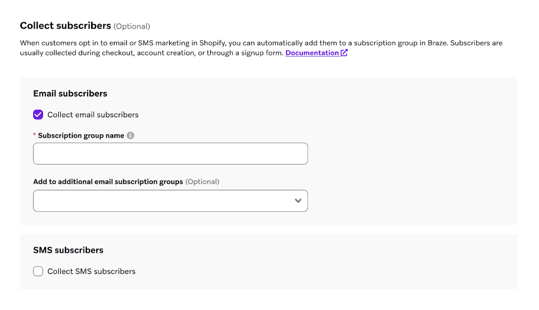 「サブスクライバの収集」セクションで、電子メールまたはSMS マーケティングのオプトインを収集するオプションがあります。