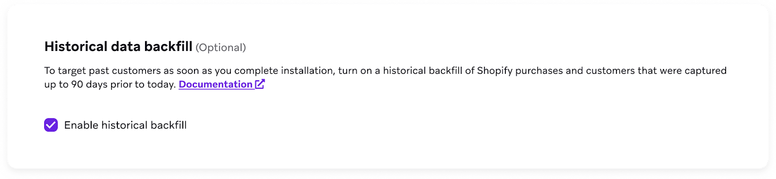 "Track Shopify data"選択した履歴バックフィルを示すShopifyインテグレーションのステップ。