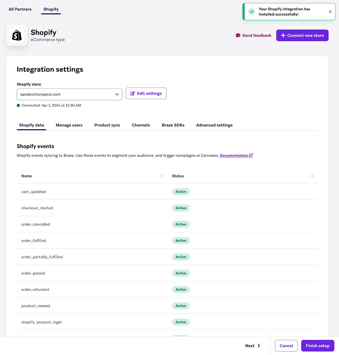 統合設定を表示するShopify パートナーページ。