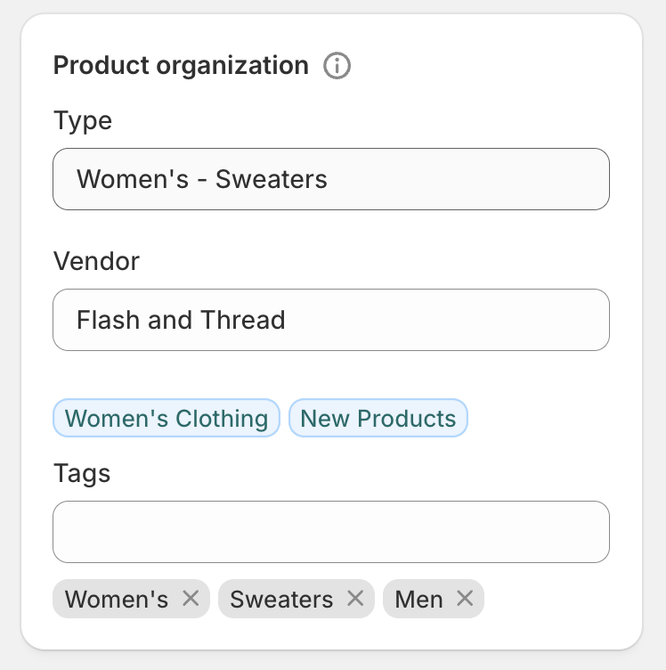商品タイプが「Women's - Sweaters」で、タグが「Women's」、「Sweaters」、「Men」の商品。
