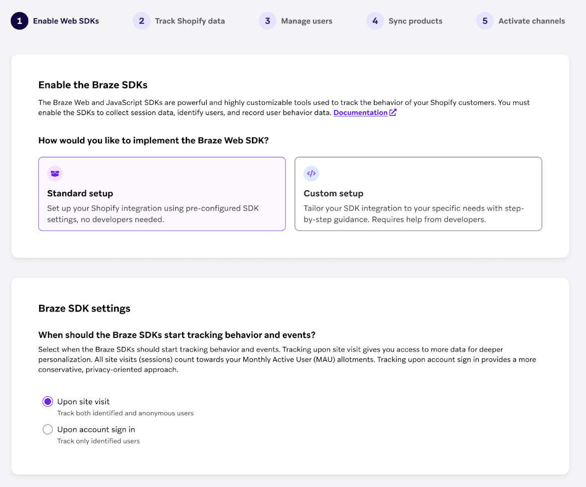 標準設定とカスタム設定のどちらで実装するかを選択できるオプションが表示された「Web SDK の有効化」ステップ。