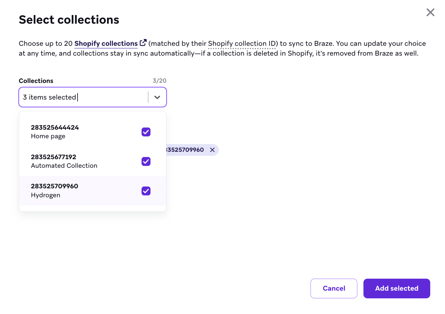 ドロップダウンからコレクションを選択するモーダル。
