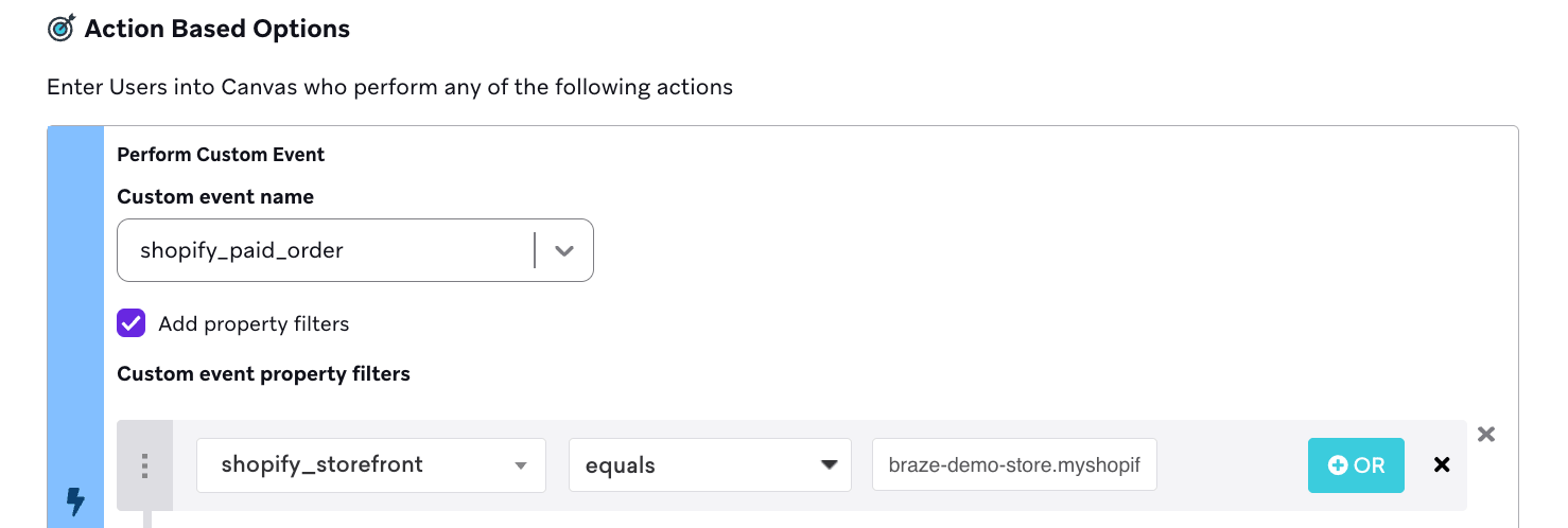 `shopify_paid_order` カスタムイベントを実行するユーザーs を入力するトリガーを持つアクション ベースのキャンバス。