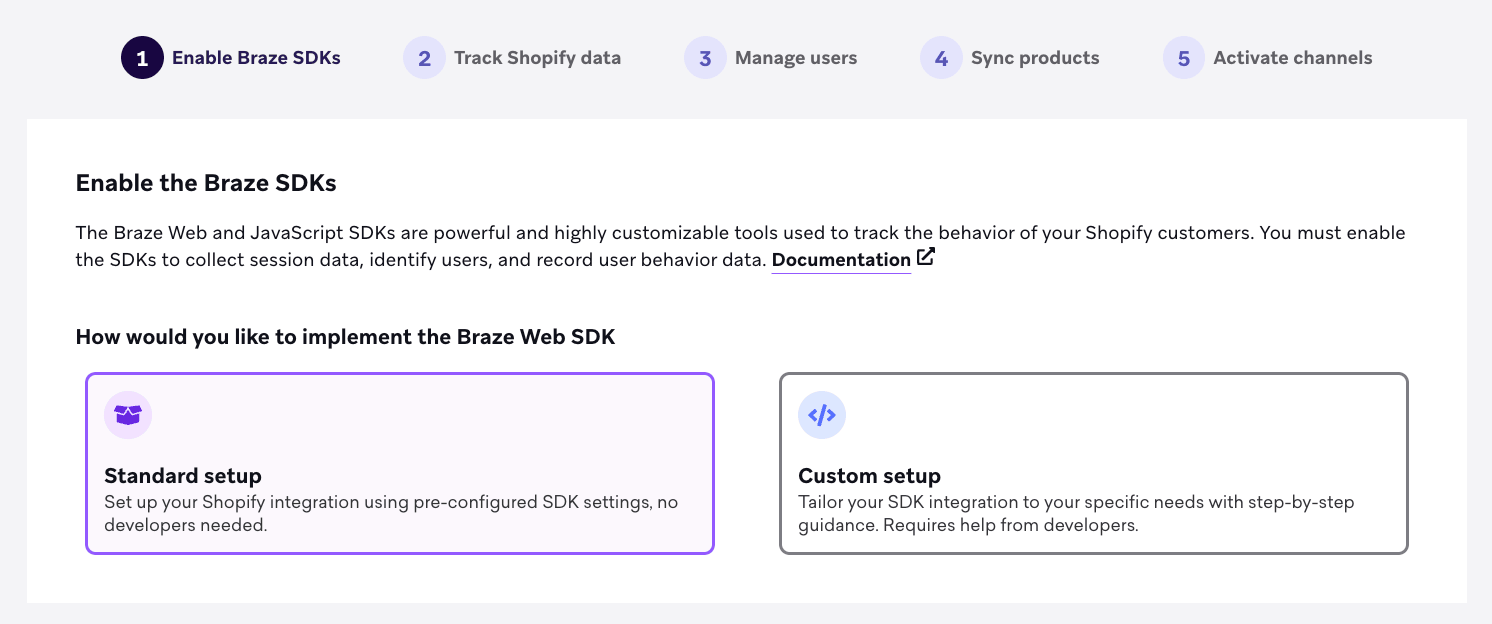 "Braze SDKのS"を有効にします。スタンダードまたはカスタム設定でBraze Web SDKを実装するためのオプションがあります。