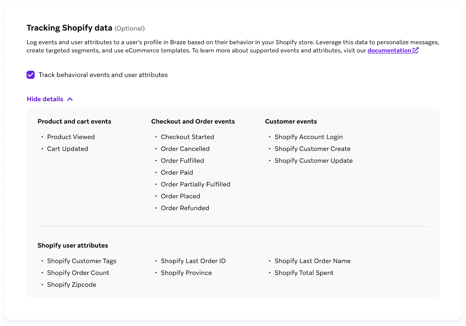 「Shopifyデータの追跡」セクションには、行動イベントとユーザー属性を追跡するチェックボックスがあります。
