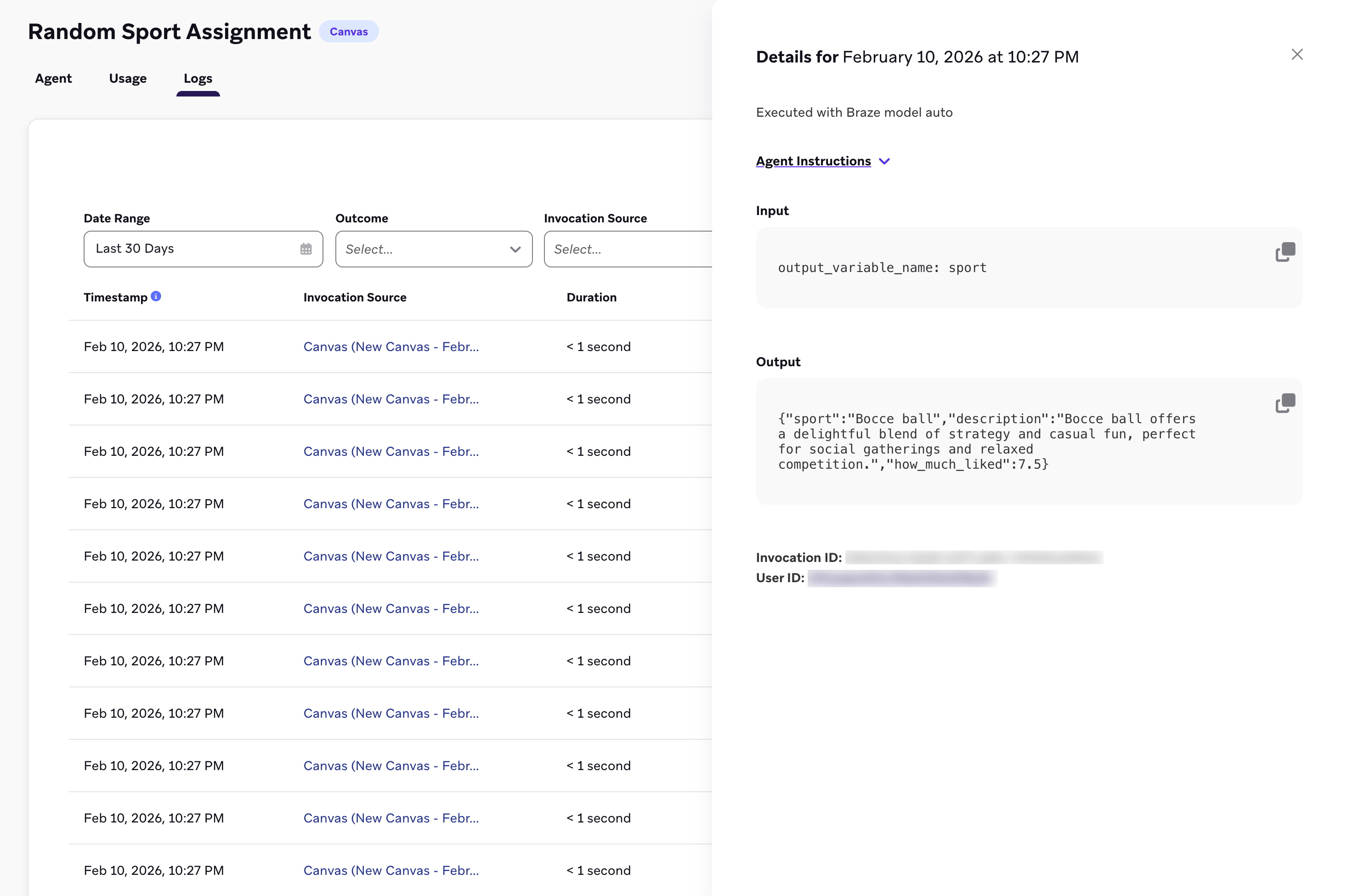 エージェント「ランダムスポーツ割り当て」の詳細パネルには、入力プロンプト、出力応答、および関連するユーザー IDが表示される。