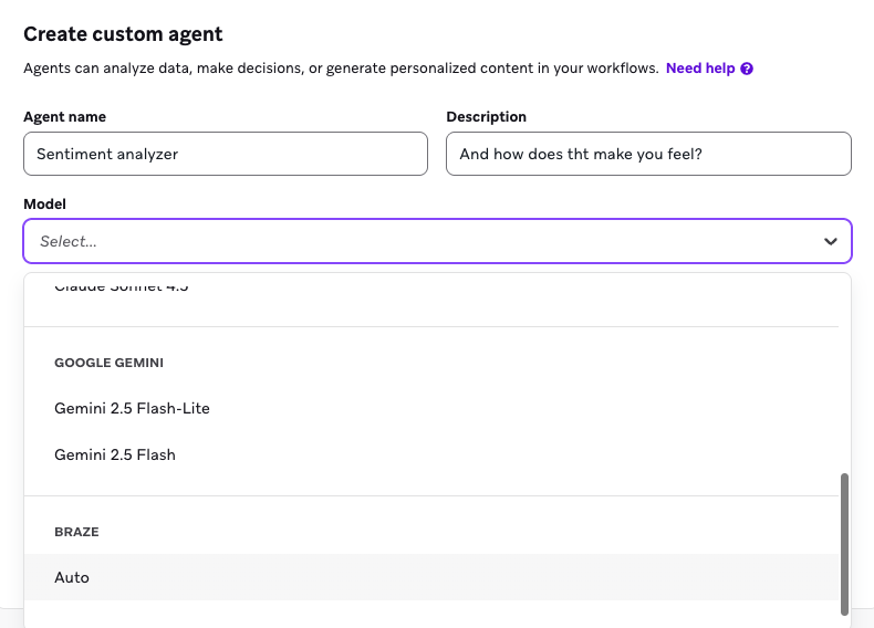 Brazeでカスタムエージェントを作成するためのエージェントコンソールインターフェイス。画面には、エージェント名と説明を入力し、モデルを選択するフィールドが表示される。