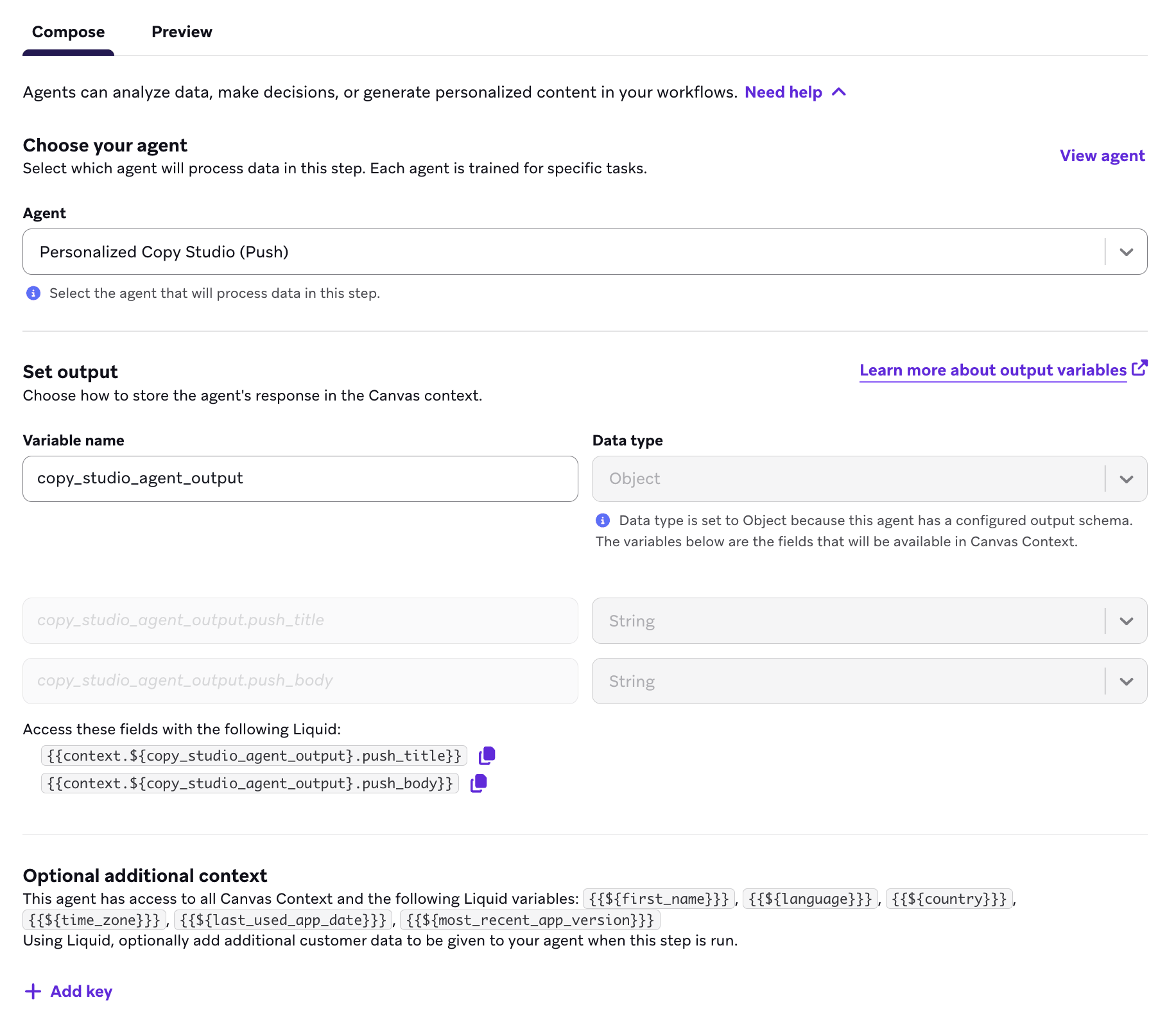 変数「agent_output」の出力データ型がオブジェクトである場合の、ボディ HTML ライター用エージェントステップ。