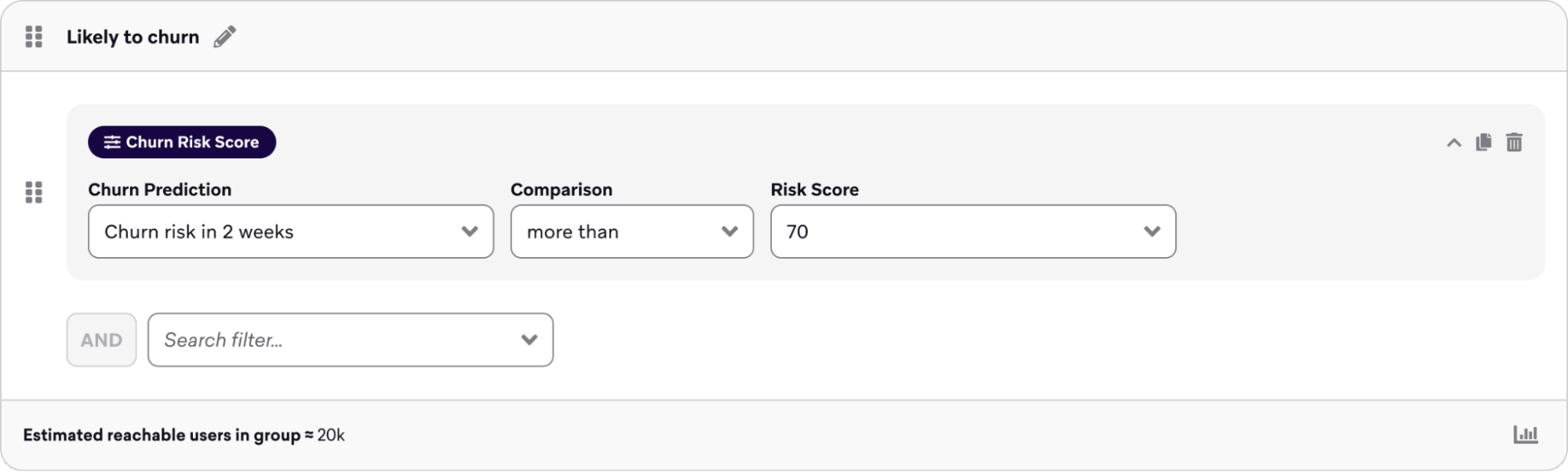 解約リスクスコアが70以上のユーザーに対するセグメンテーションフィルター。