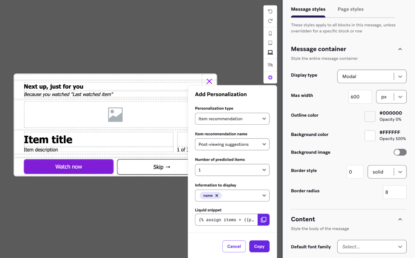 パーソナライゼーションのタイプとして "Item recommendation "が選択された状態で、Brazeエディターで "Add Personalization "モーダルが開封される。