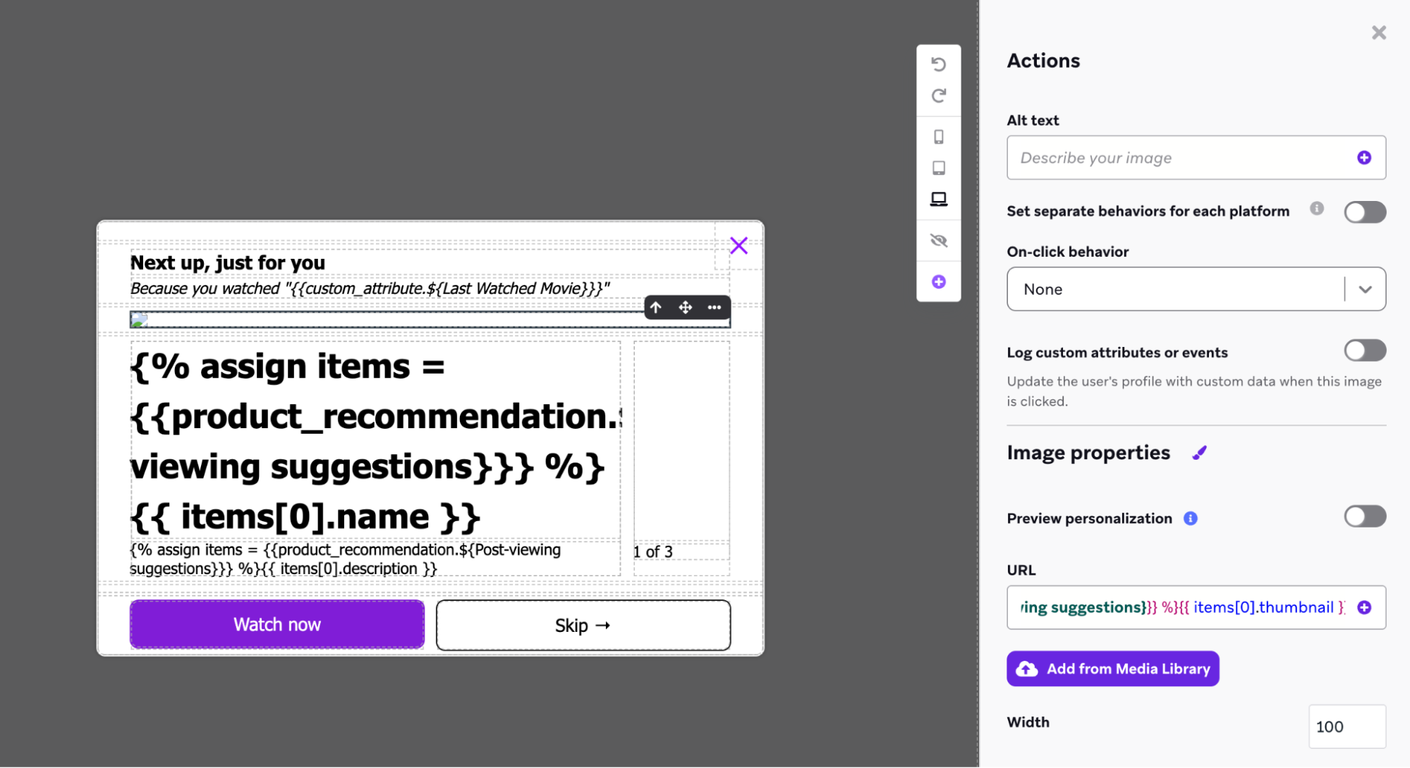 アプリ内メッセージエディターで、レコメンデーションのカタログ項目から特定のフィールドをテンプレート化する生のリキッドを使用できる。