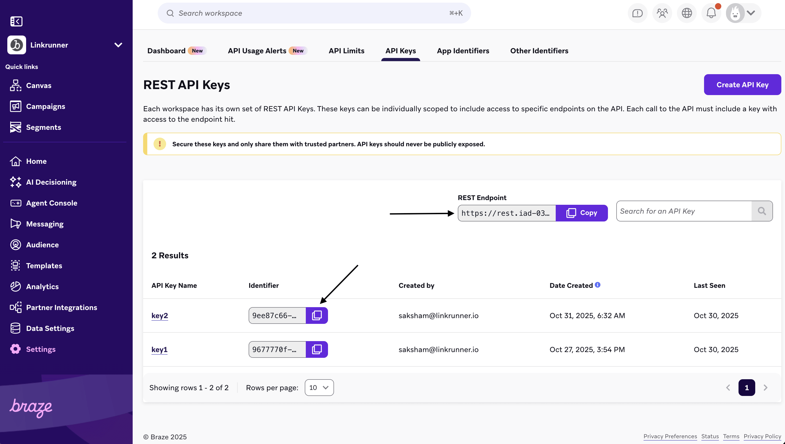 BrazeのAPIキーページ。データインポートキーやLinkrunner統合に必要なRESTエンドポイントなど、APIキーの作成と管理ができます。