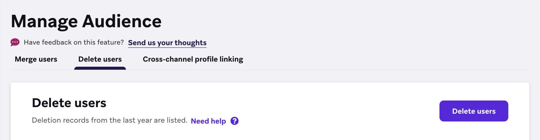 Brazeダッシュボードの「Manage Audience」セクションにある「Delete Users」タブ。