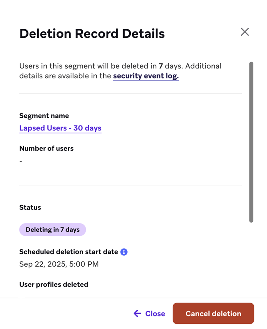 「Delete Users」タブの「Deletion Record Details」ウィンドウ。