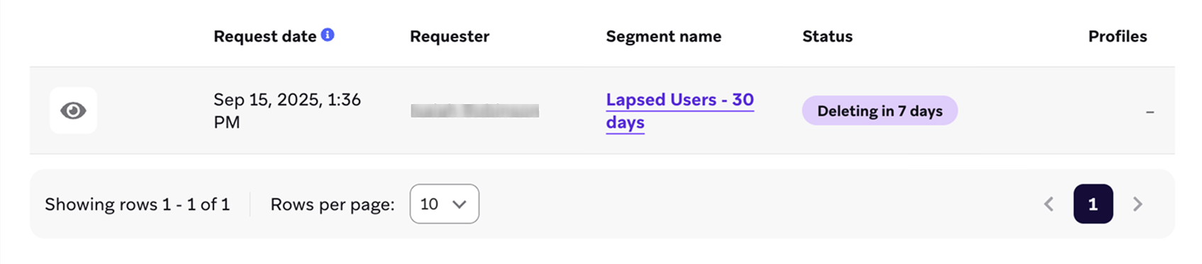 「Delete Users」タブの保留中のSegment削除。