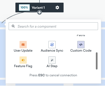 キャンバスコンポーネントメニューを使用して、ユーザージャーニーにオーディエンス同期ステップを追加します。
