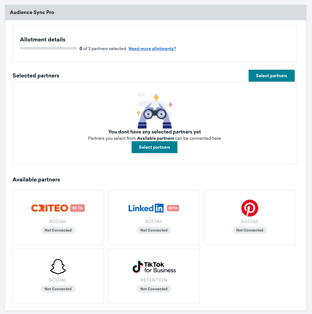 パートナーが未選択の Audience Sync Pro。