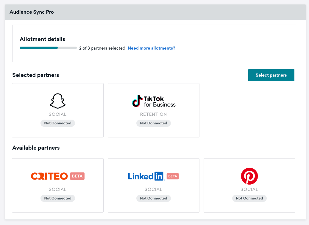 オーディエンスシンクのパートナーに選ばれた Snapchat と TikTok の例。