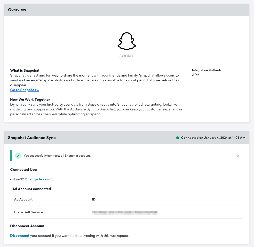 Snapchat Audience 同期設定。メッセージ「Snapchat の 1件のアカウントに正常に接続されました」を表示。