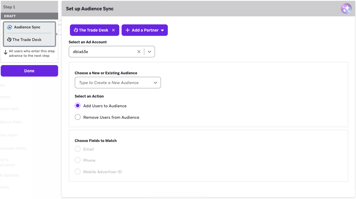 オーディエンスにユーザーを追加する Audience Sync の設定。