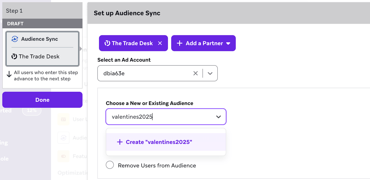 オーディエンスフィールドに「valentines2025」という名前が含まれる Audience Sync の設定。