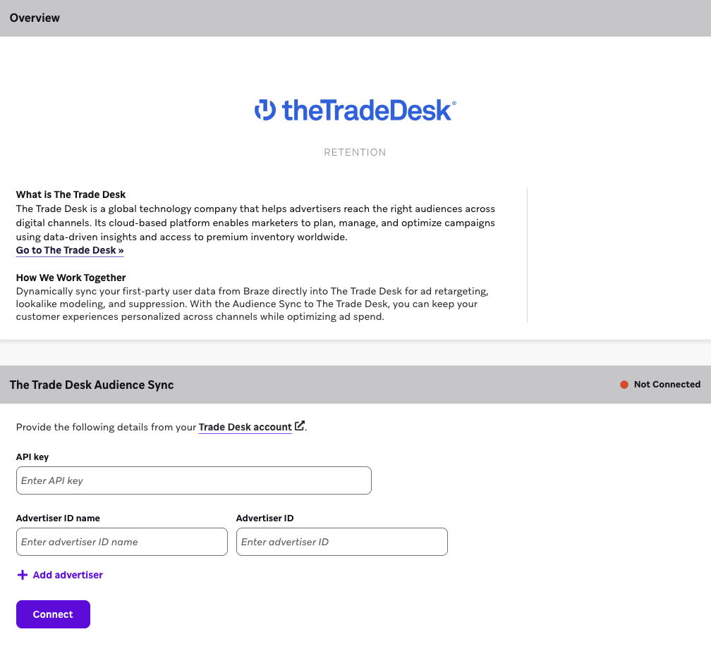 The Trade Desk の未接続の Audience Sync の例。