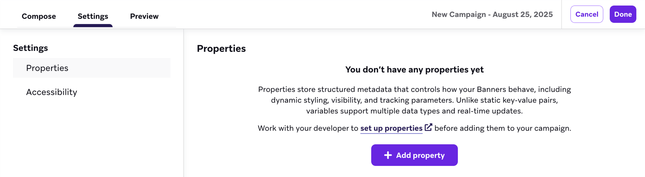 最初のカスタムプロパティをバナーキャンペーンに追加するオプションを示すプロパティページ。
