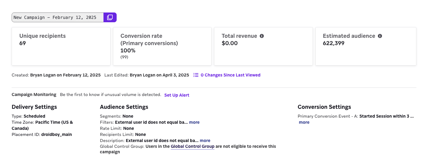 キャンペーン詳細パネルには、キャンペーン パフォーマンスを決定するために使用されるメトリクスの概要が表示されます。