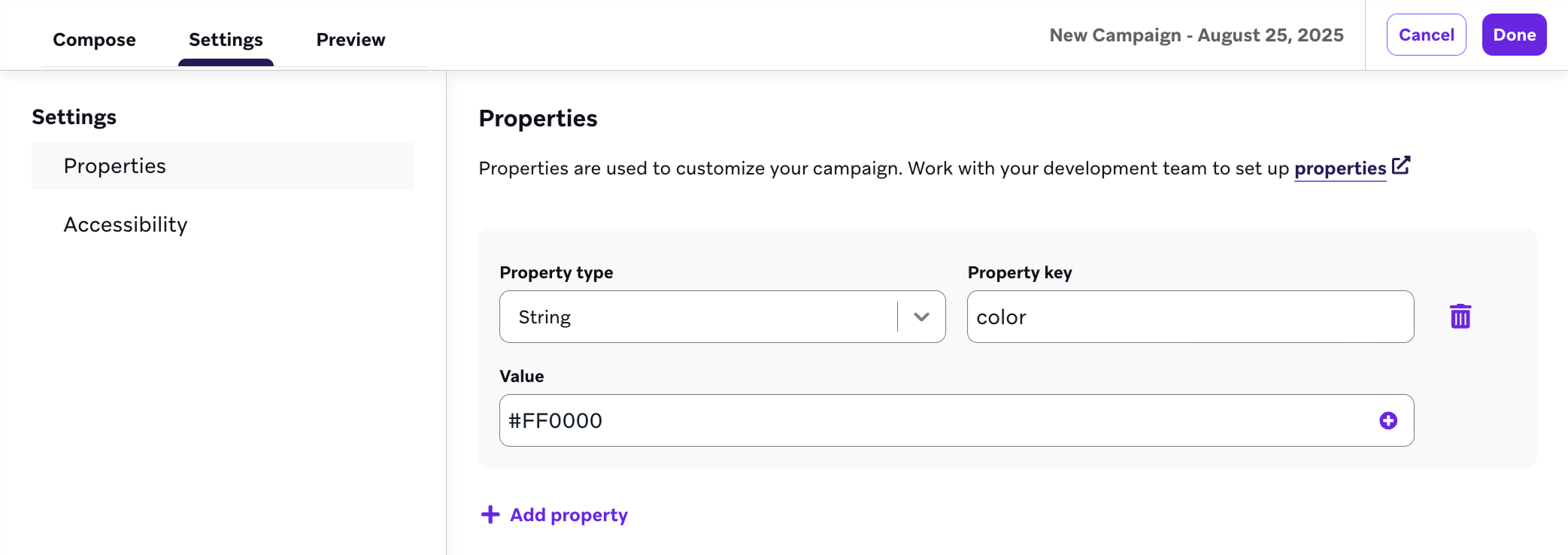 カラーと値のキーが#FF0000 のストリングプロパティを持つプロパティページ。
