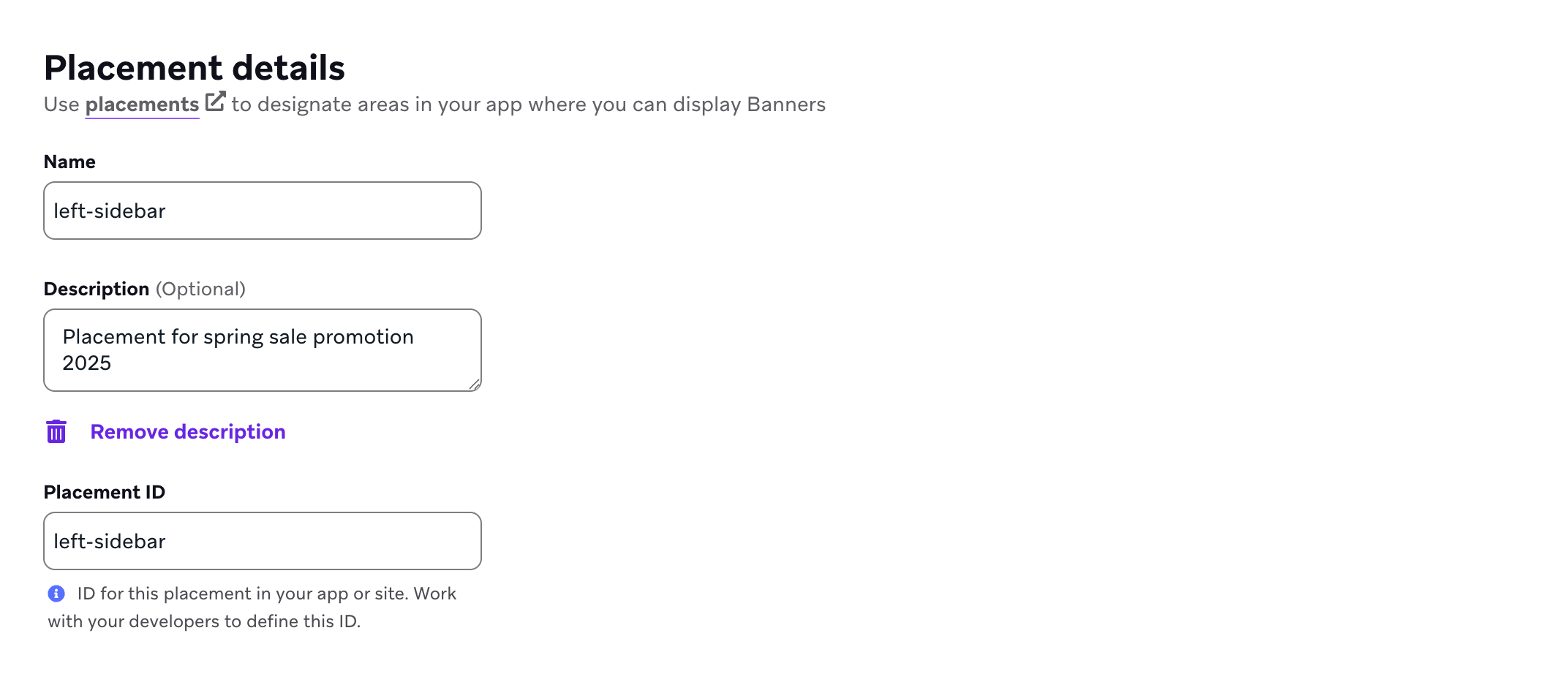バナーを指定する配置の詳細は、バネ販売促進キャンペーンsの左側のサイドバーに表示されます。