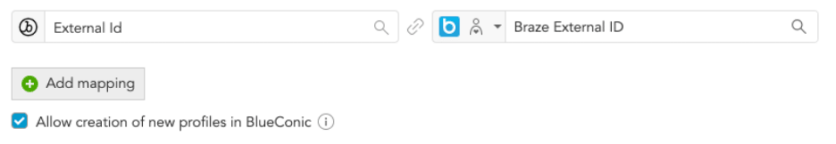 Brazeのフィールド「External ID」は、BlueConicの「Braze external ID」フィールドに対応するように設定されている。