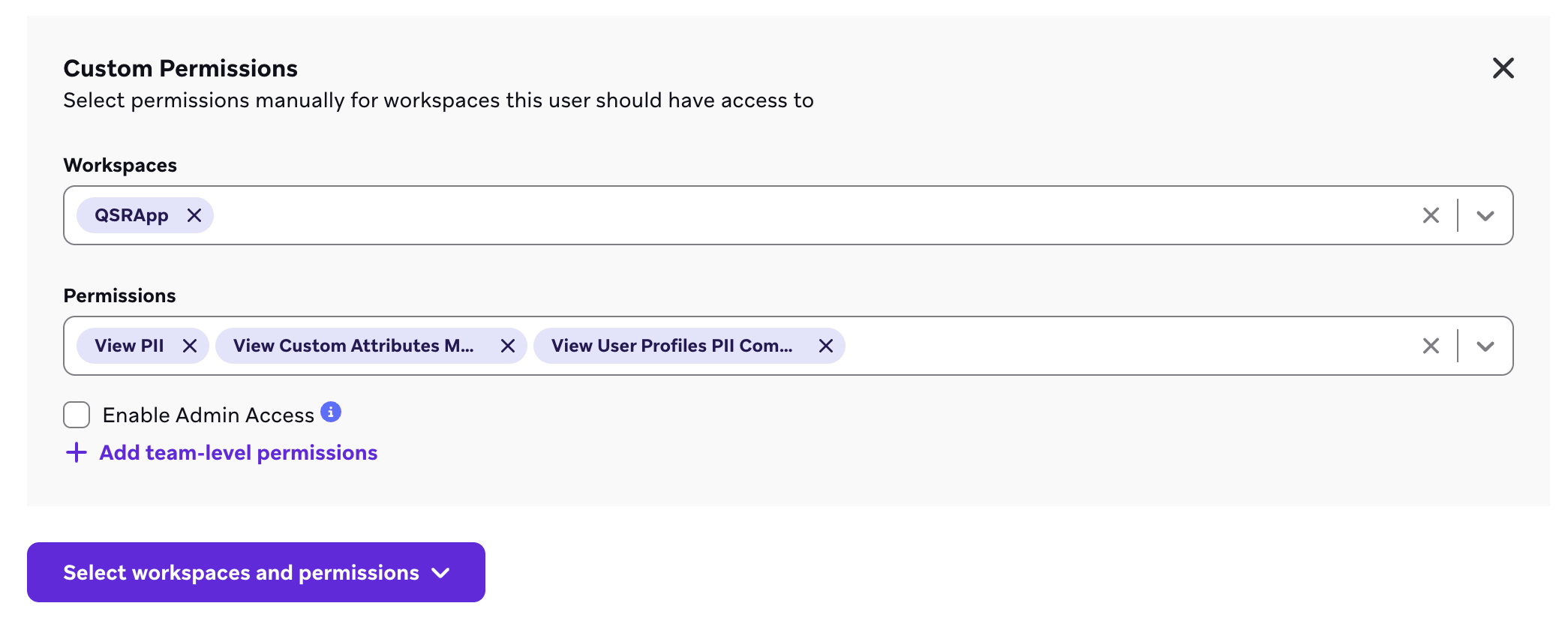 Brazeでワークスペースレベルの権限が手動で選択されている。