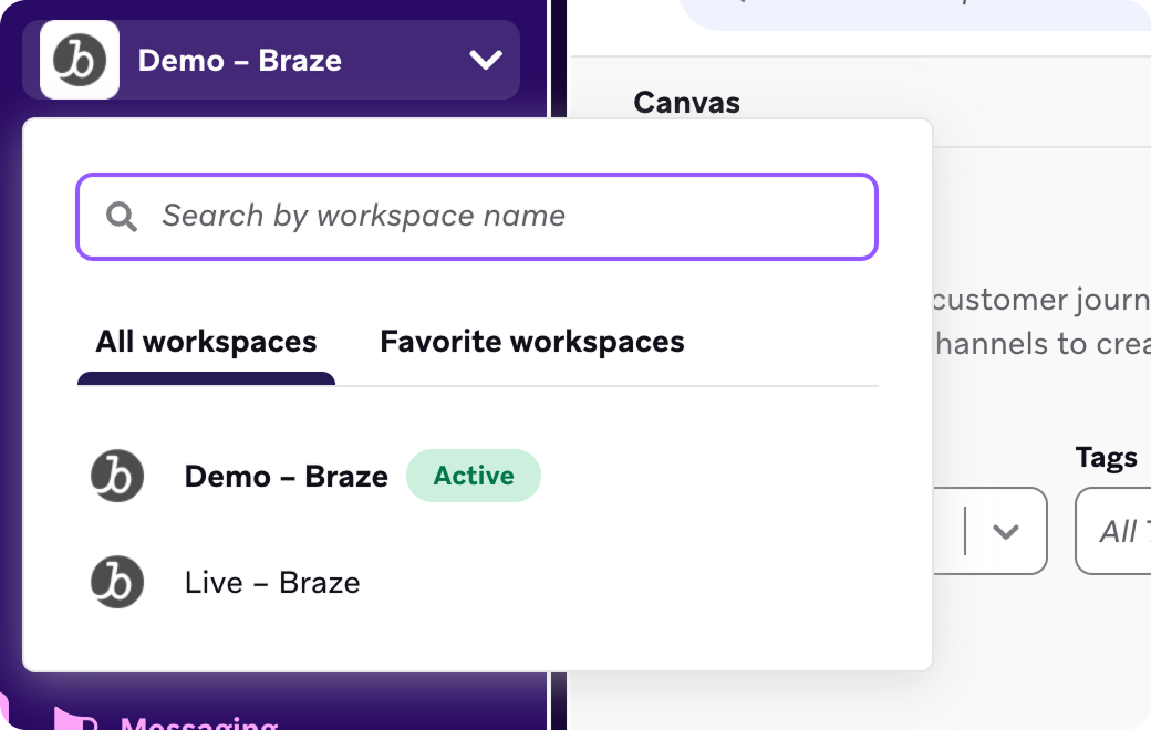 Brazeダッシュボードのワークスペースドロップダウンで、「Demo - Braze」がアクティブなワークスペースとして選択されている状態だ。