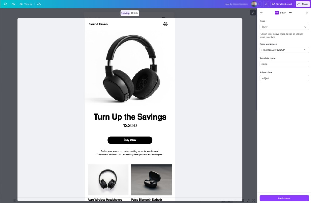 ワークスペース、テンプレート名、件名、Publish nowが表示されたCanvaのBrazeパネル。