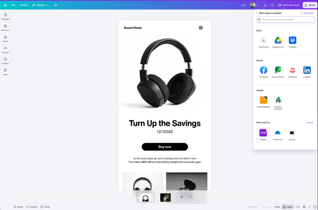 CanvaのMore optionsにBrazeが表示された公開オプション。