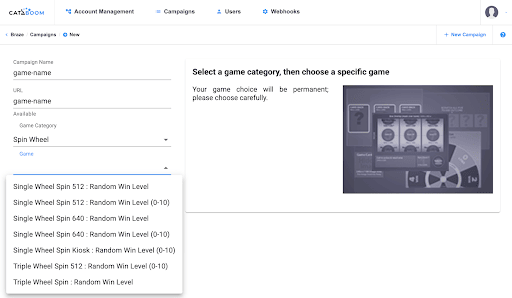 Campaign名、URL、ゲームカテゴリ、ゲームタイプのフィールドがあるCataBoomダッシュボードのNew Campaignフォーム。