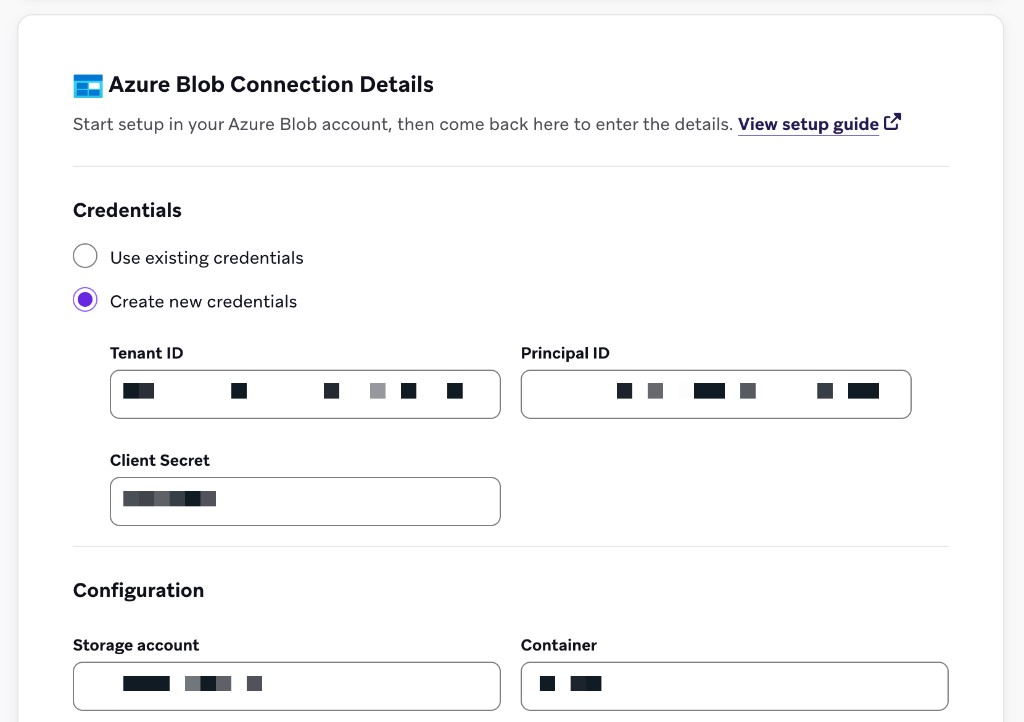 Tenant ID、Principal ID、Client Secret、ストレージアカウント、コンテナのフィールドが表示されたAzure Blob接続詳細フォーム。