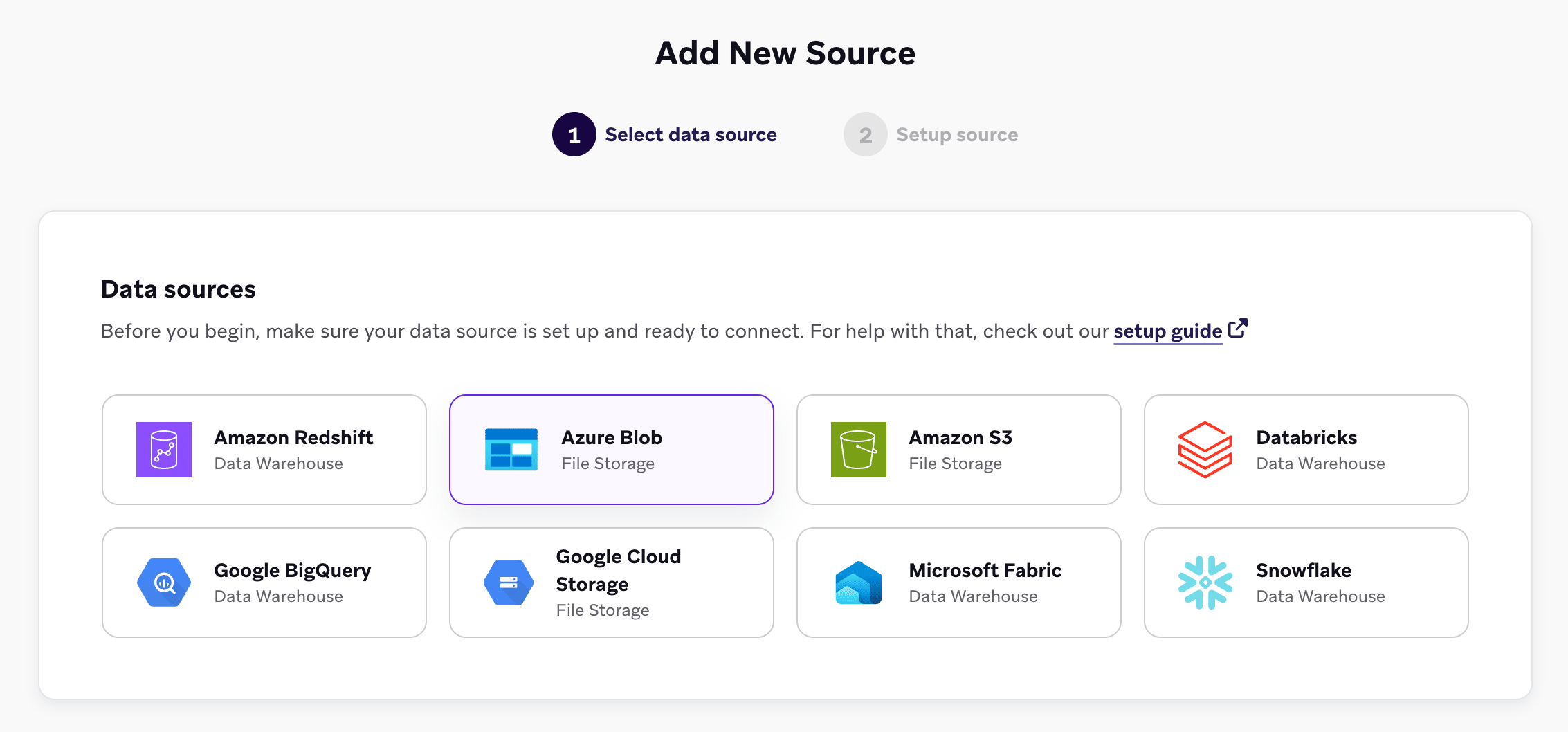 データソースの一覧からAzure Blobを選択した「Add New Source」画面。