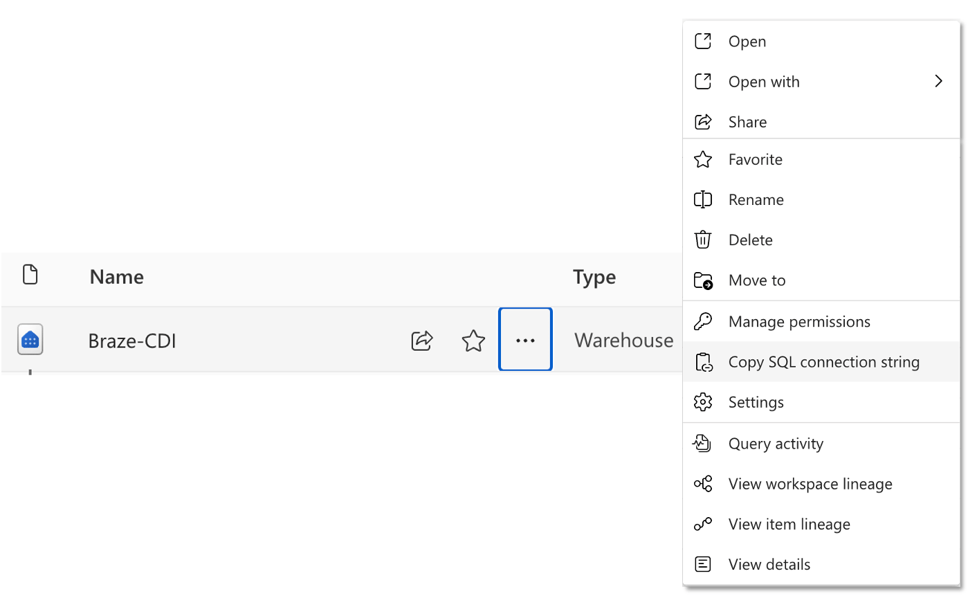 ユーザーがSQL接続文字列を取得する必要があるMicrosoft Azureの "Fabric Console "ページ。