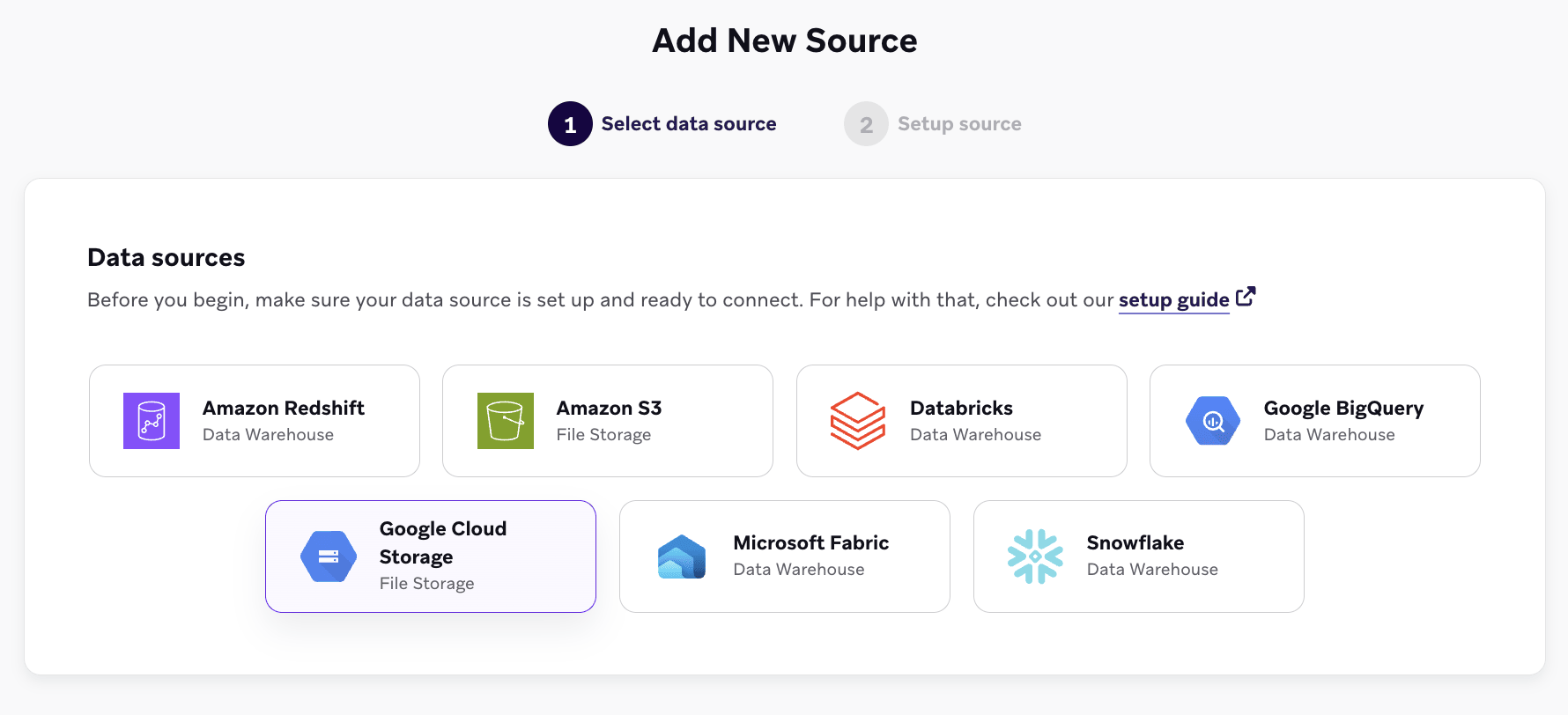 データソースの一覧からGoogle Cloud Storageが選択された「新しいソースの追加」画面。