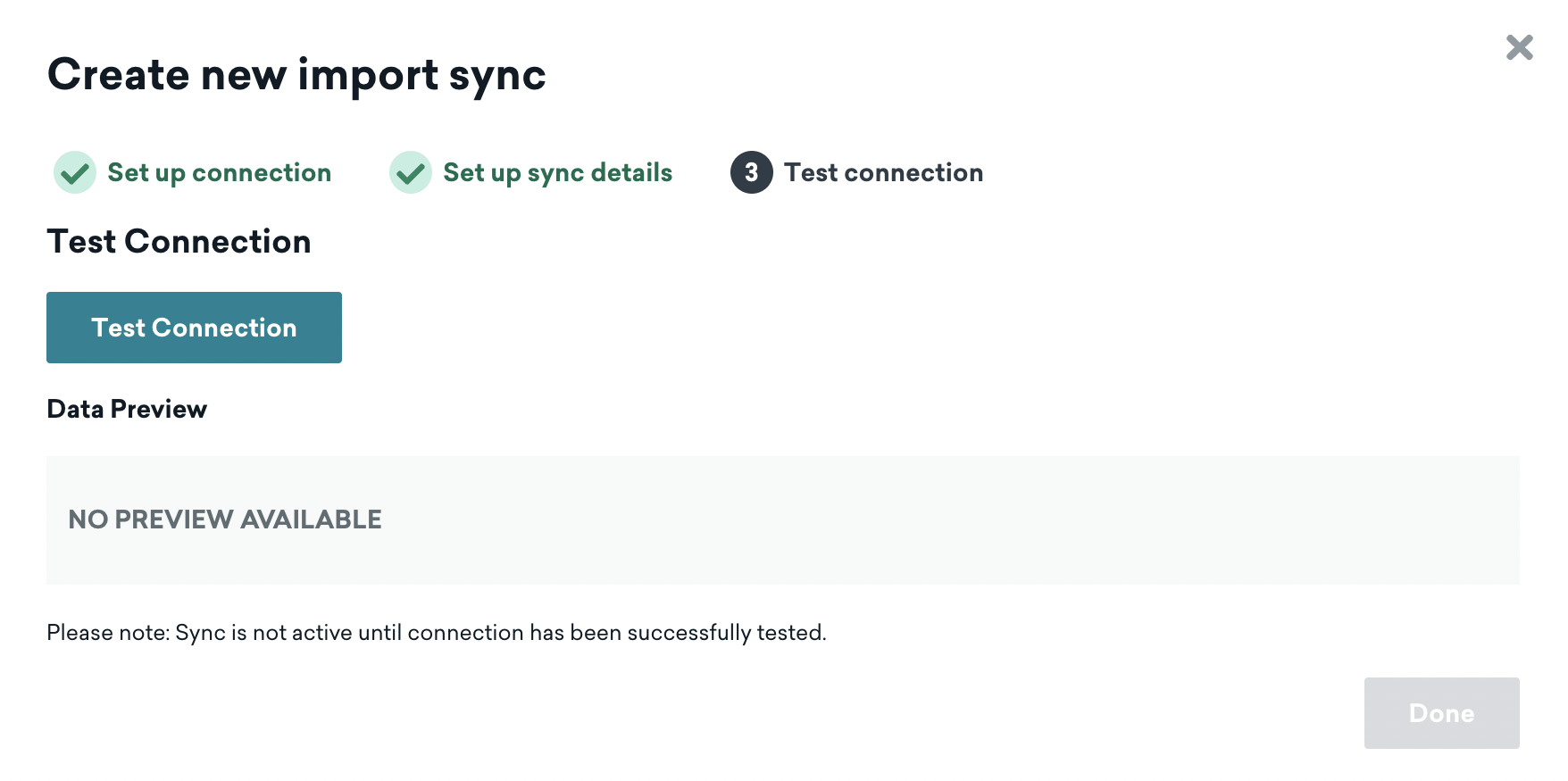 Braze ダッシュボードの Redshift 用 [新しいインポート同期を作成] ページ、ステップ3に設定「テスト接続」である。