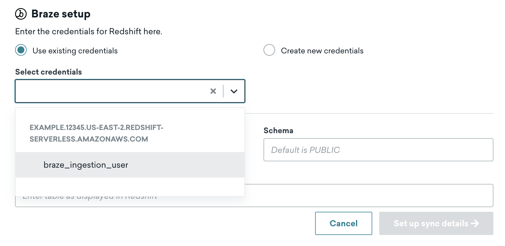 Braze ダッシュボード の Redshift 用 [新しいインポート同期を作成] ページ、ステップ1で [認証情報を選択] ドロップダウンが開いている「接続設定」だ。