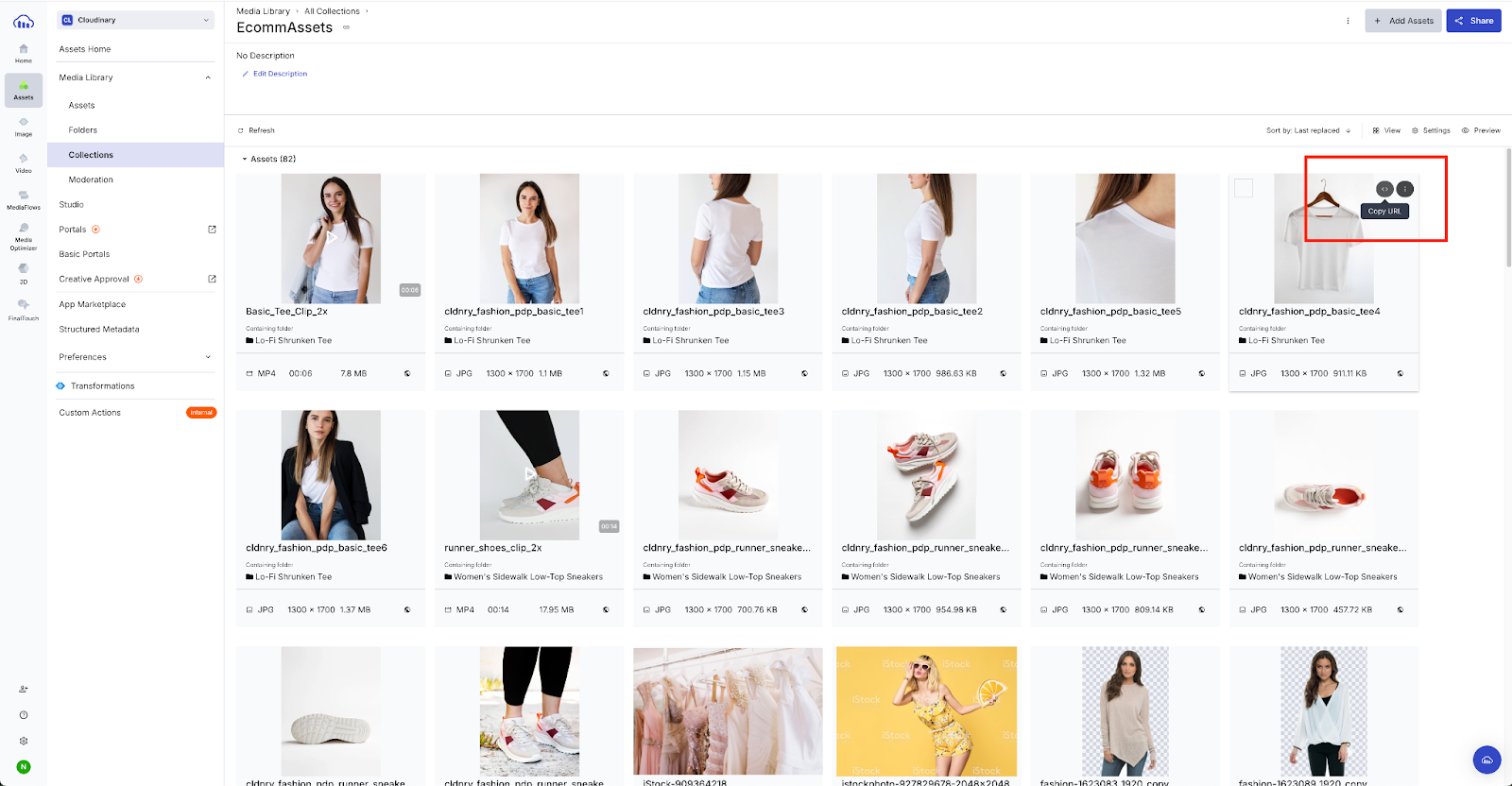 クラウディナリの"画像アセットライブラリのグリッドビューで、ハイライトされた"画像s の右上に"URL"ツールヒントが表示されます。