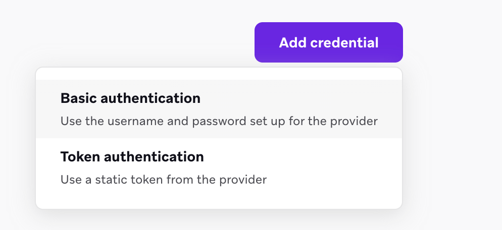 "認証情報の追加 "ドロップダウンには、ベーシック認証またはトークン認証を使用するオプションがある。