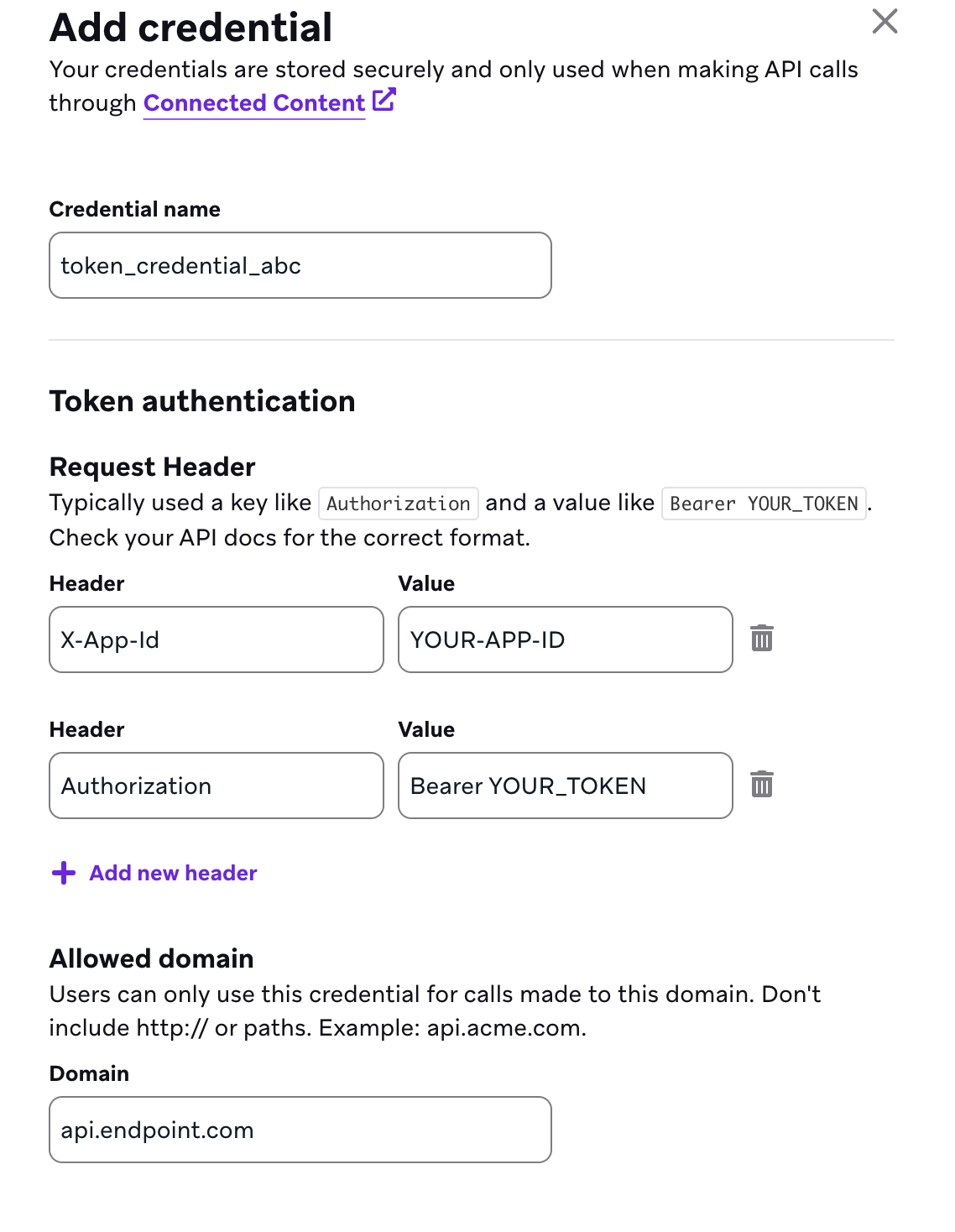 トークン認証の詳細が記載されたトークンの例"token_credential_abc" 。