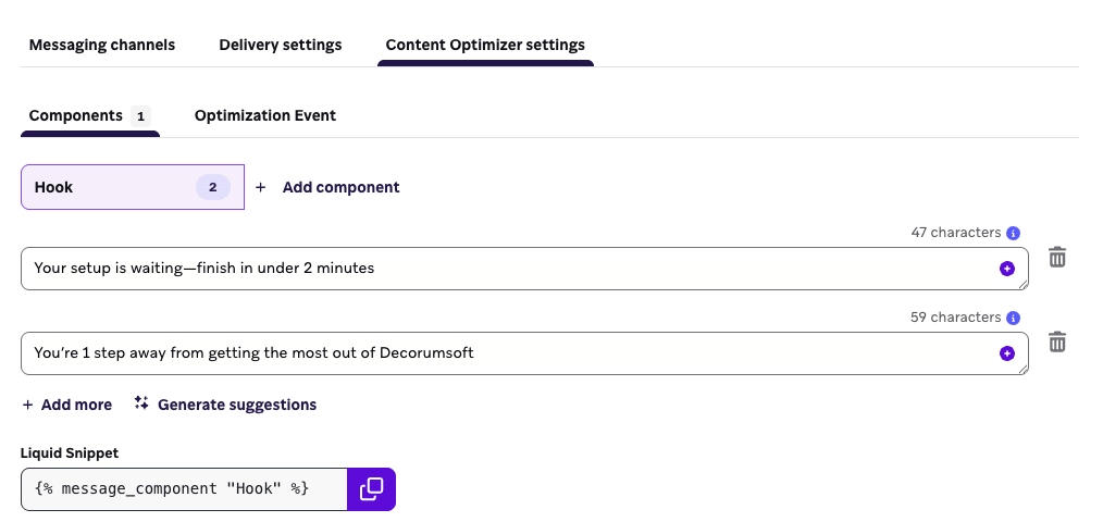 SMS/MMS/RCS最適化用のコンテンツコンポーネントを追加・設定するオプションを表示するContent Optimizer Settings。