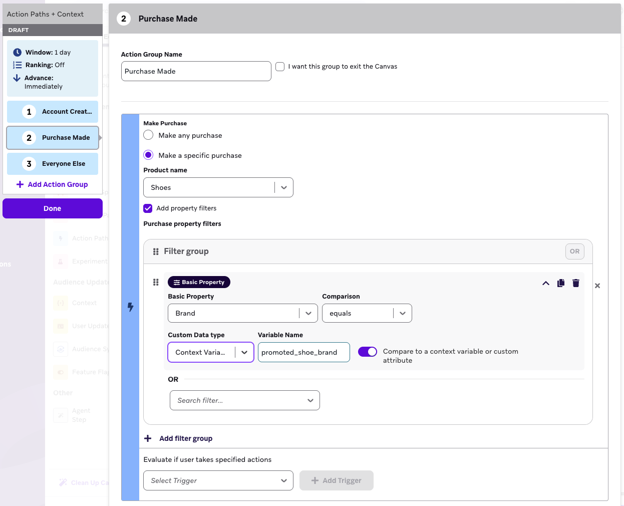 購入時にコンテキスト変数を参照するアクションパスの例。