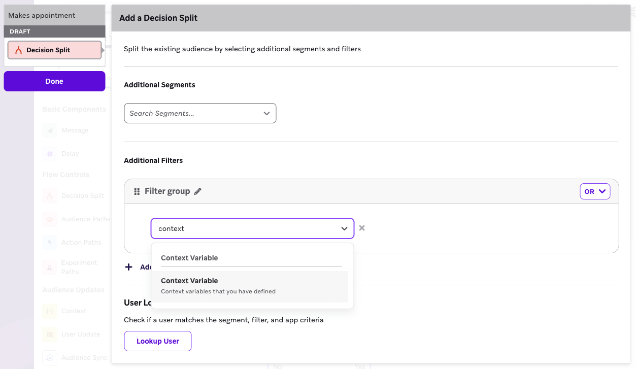 条件分岐ステップの例。コンテキスト変数でフィルターを作成するオプションがある。
